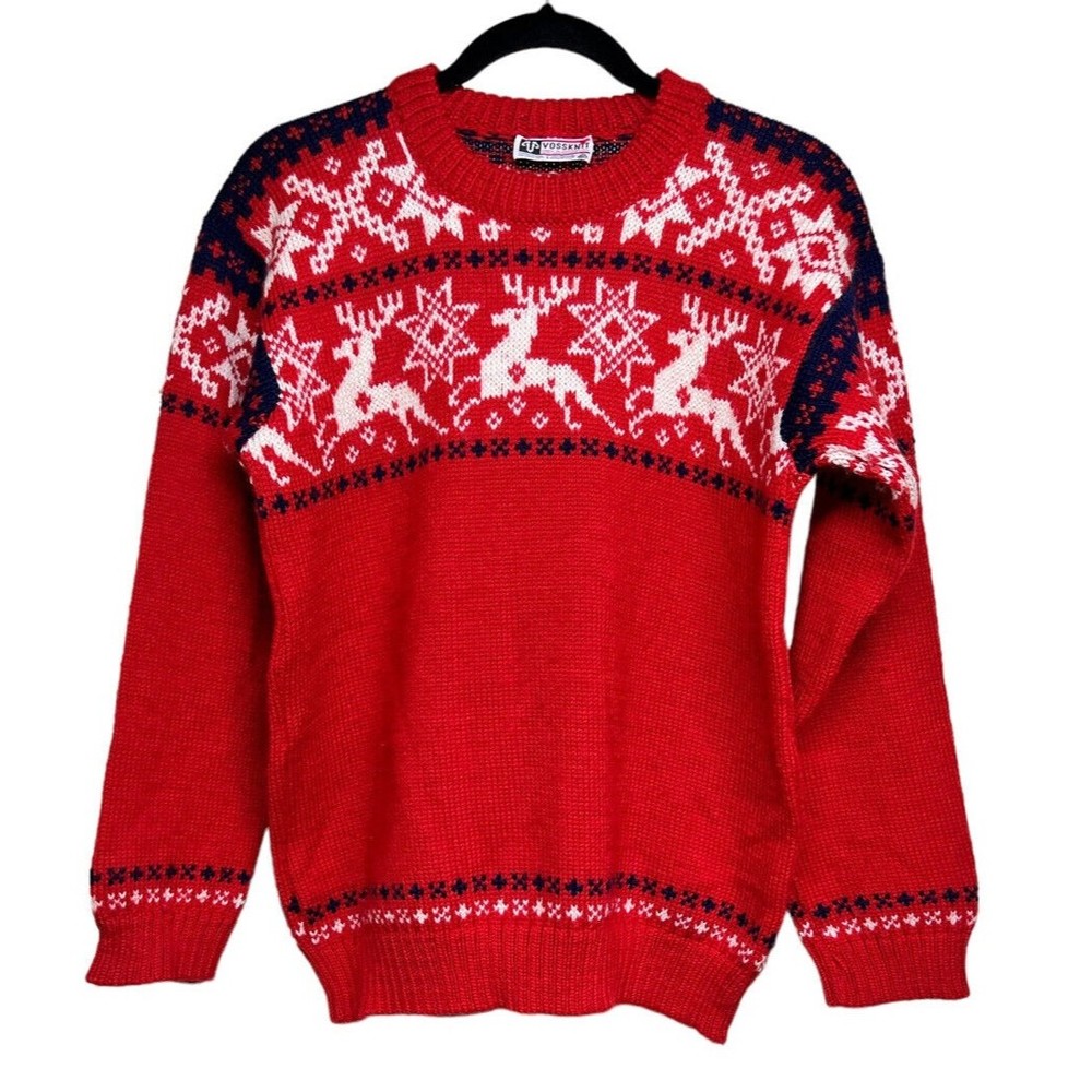 Vintage Voss Knit Wool Norway Red Reindeer Christmas Sweater Size‎ Small?